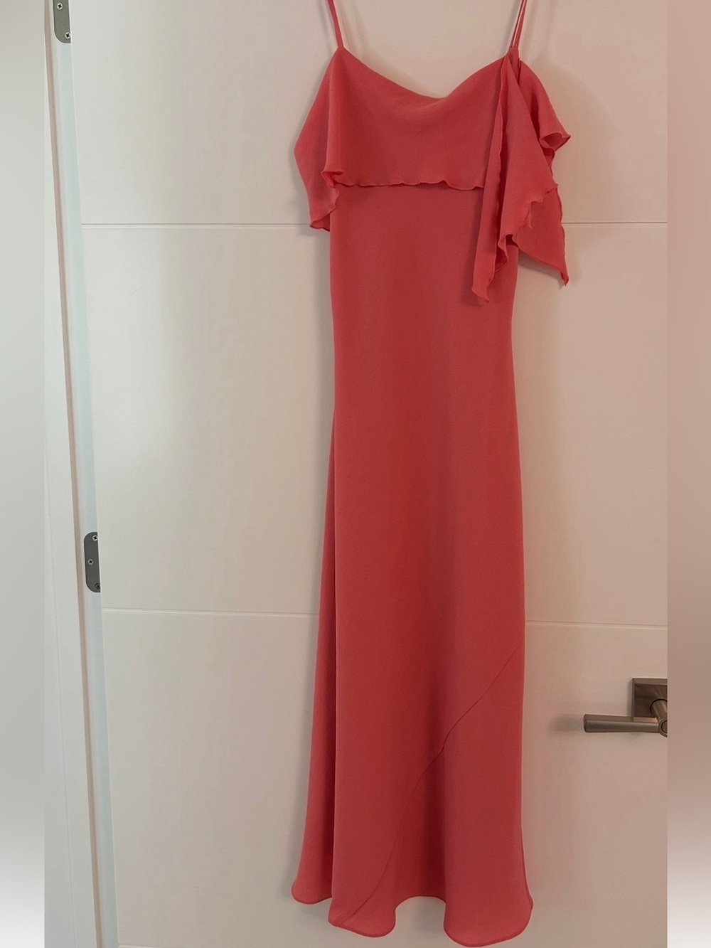 Aritzia Coral One-Shoulder Ruffle Maxi Dress